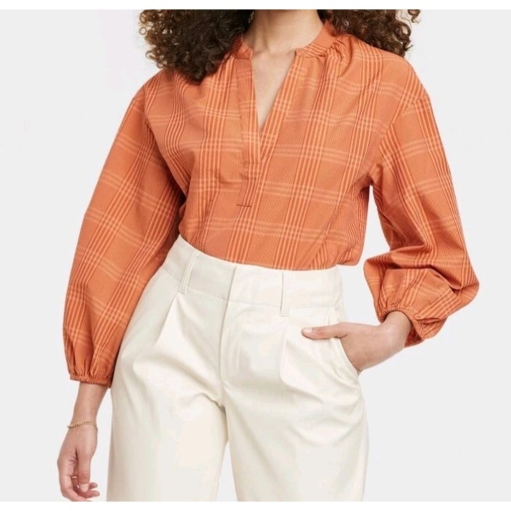 A New Day Rust Plaid Popover Top Women size XS Long Sleeve
